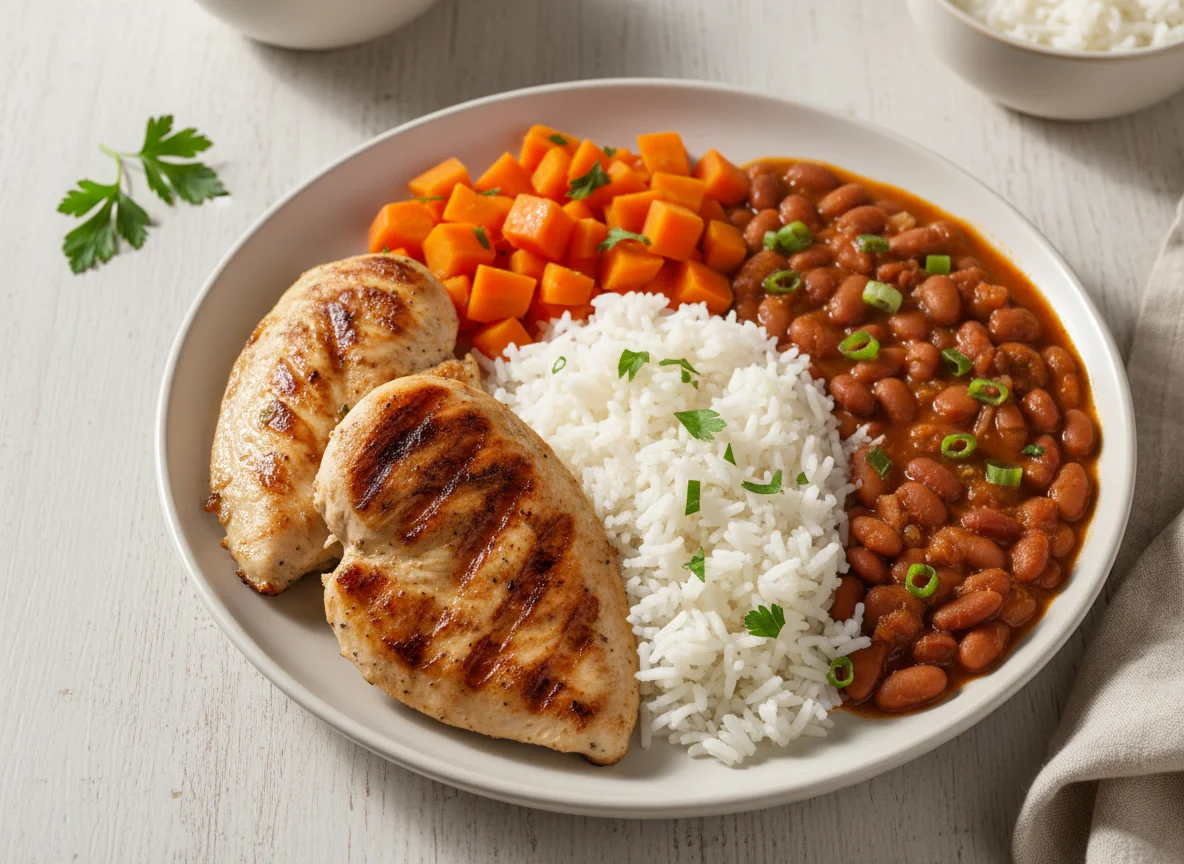 Prato completo com frango, feijão, arroz e cenoura photo