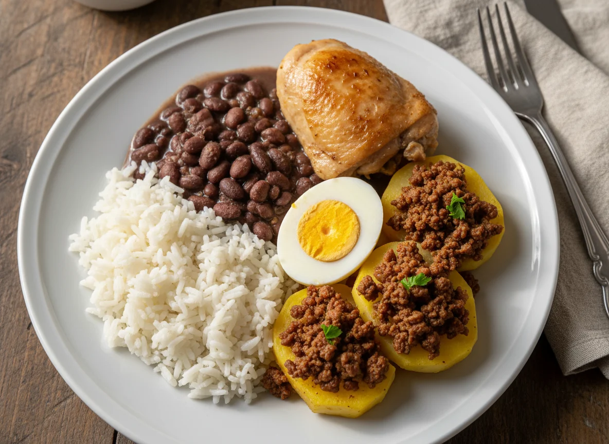 Prato completo com frango, feijão, arroz e ovos photo