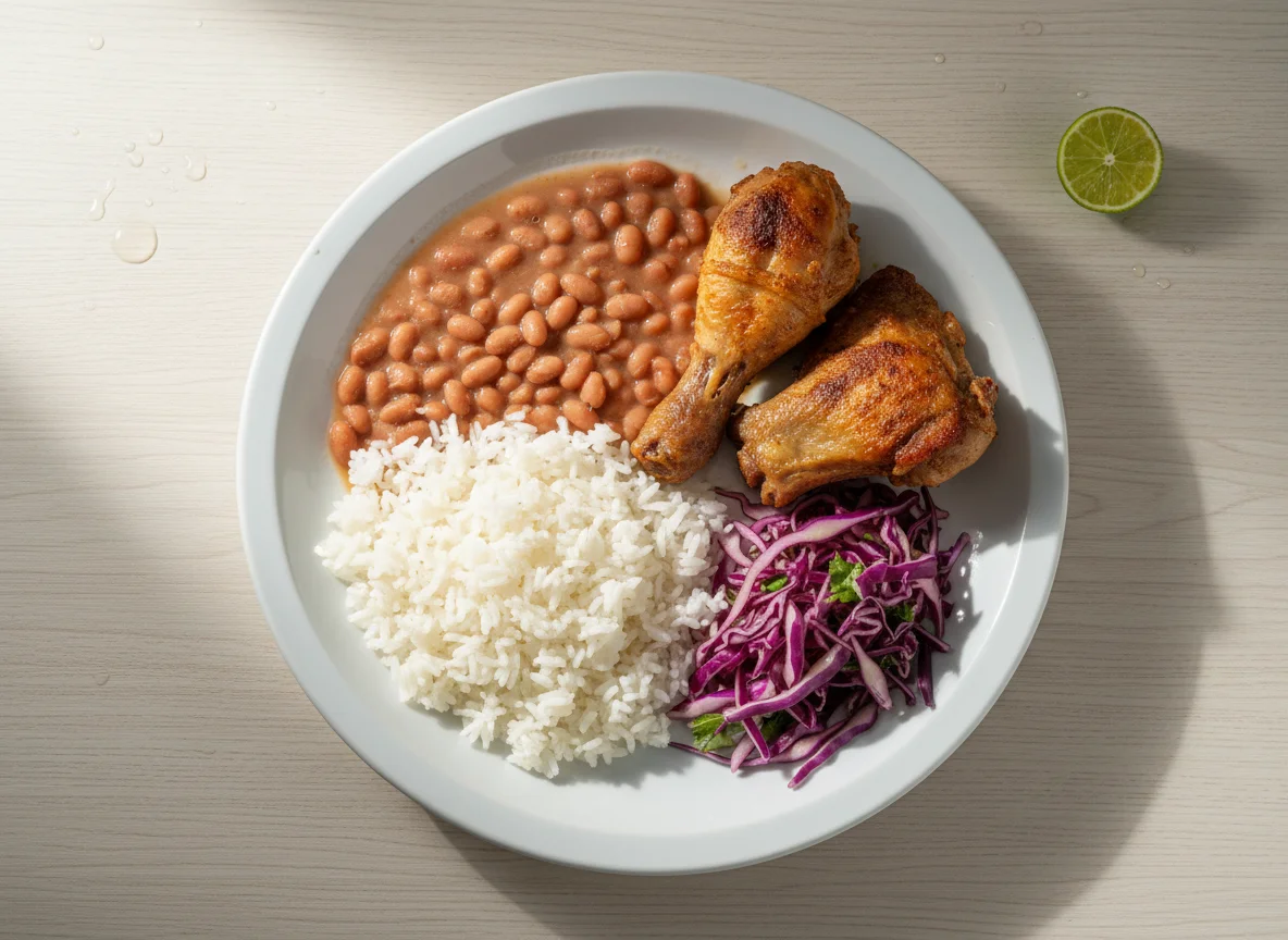Prato completo com frango, feijão, arroz e salada de repolho photo