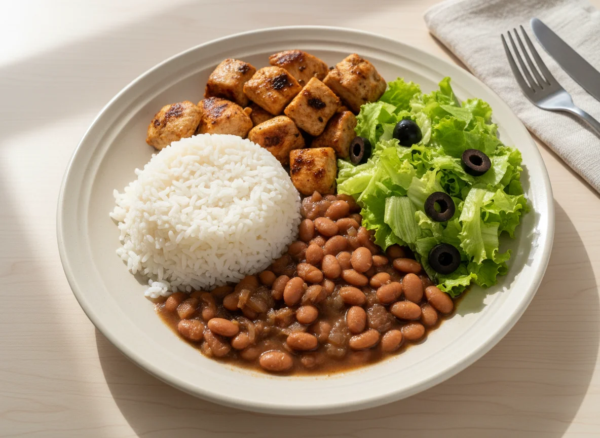 Prato completo com frango, feijão, arroz e salada photo