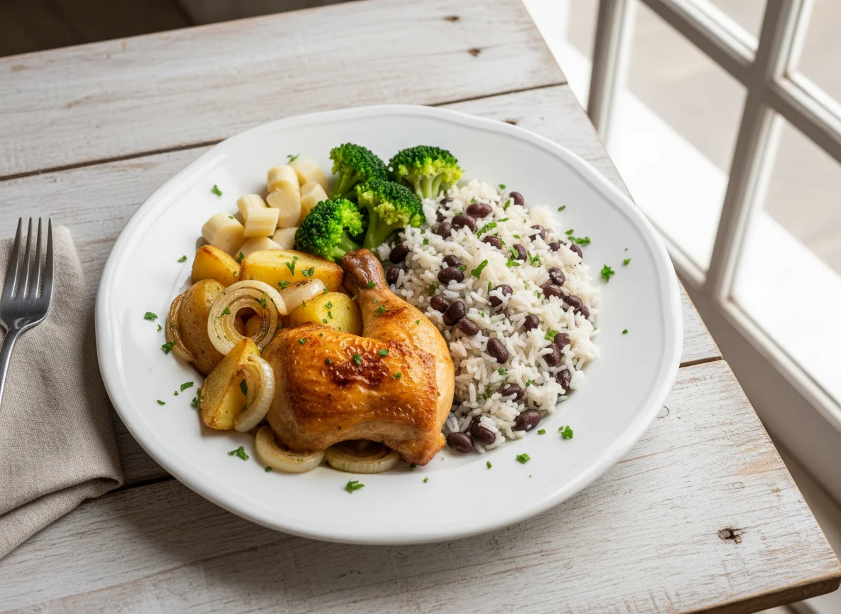 Prato completo com frango, feijão, arroz e vegetais photo