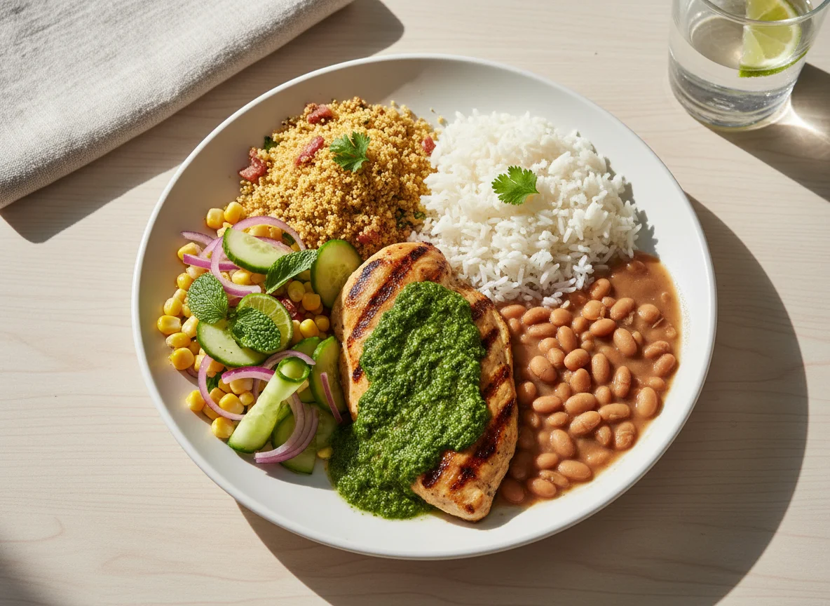 Prato completo com frango, feijão, arroz, farofa e salada photo