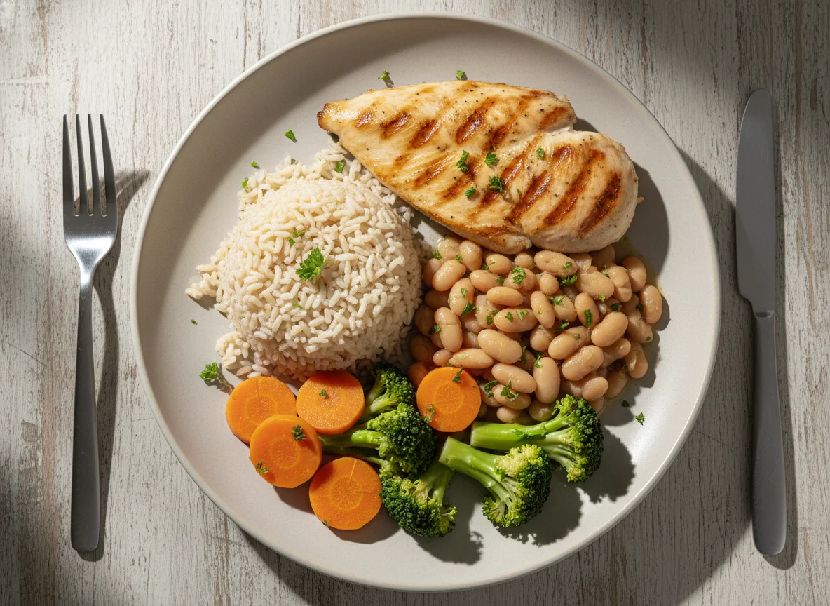 Prato completo com frango, feijão, arroz integral e vegetais photo