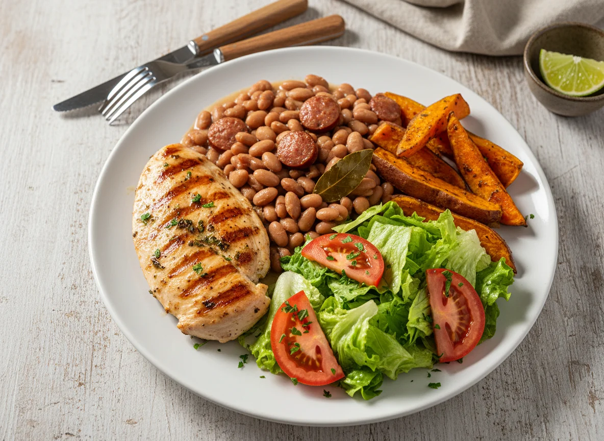 Prato completo com frango, feijão, batata doce e salada photo