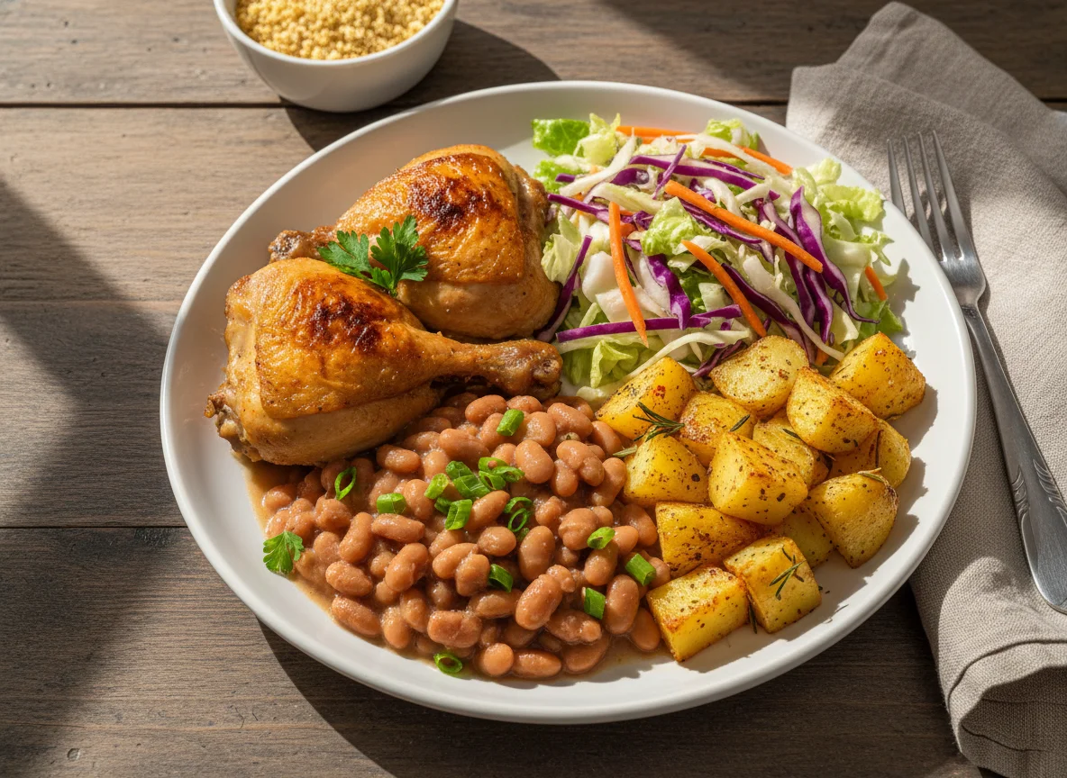 Prato completo com frango, feijão, batata e salada photo