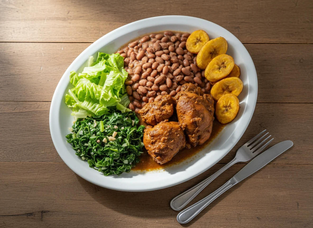 Prato completo com frango, feijão, couve e alface photo