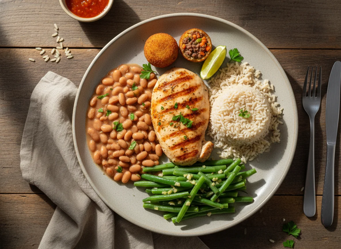 Prato completo com frango, feijão e arroz photo