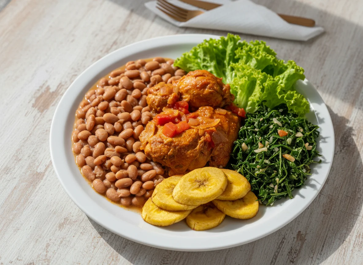 Prato completo com frango, feijão e salada photo