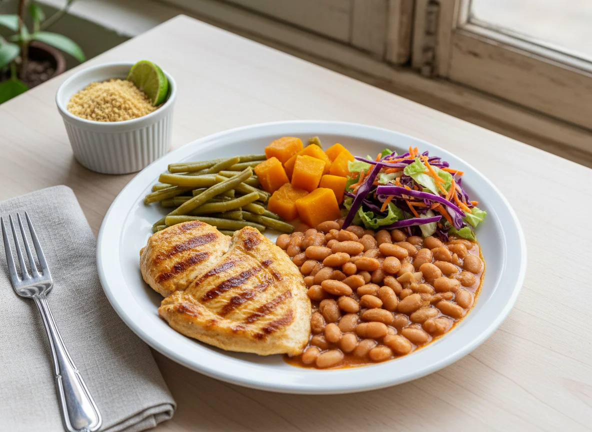 Prato completo com frango, feijão e vegetais photo