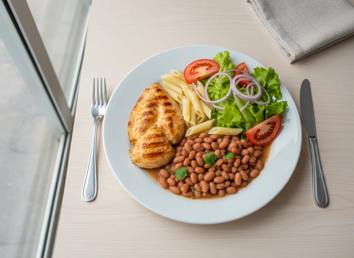 Prato Completo com Frango, Feijão, Massa e Salada photo