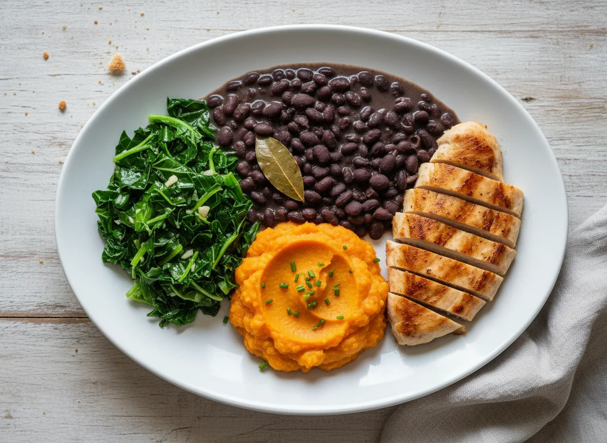 Prato completo com frango, feijão, purê de batata doce e couve photo
