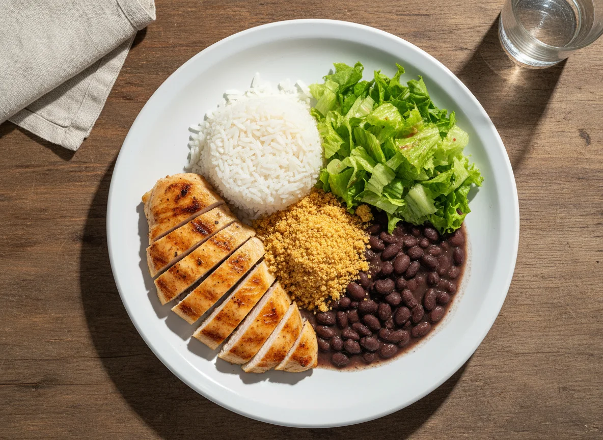 Prato completo com frango grelhado, arroz, feijão, farofa e salada photo