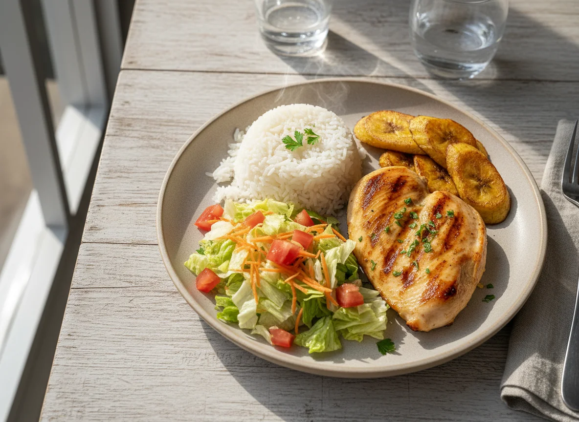Prato completo com frango grelhado, arroz, salada e banana da terra photo