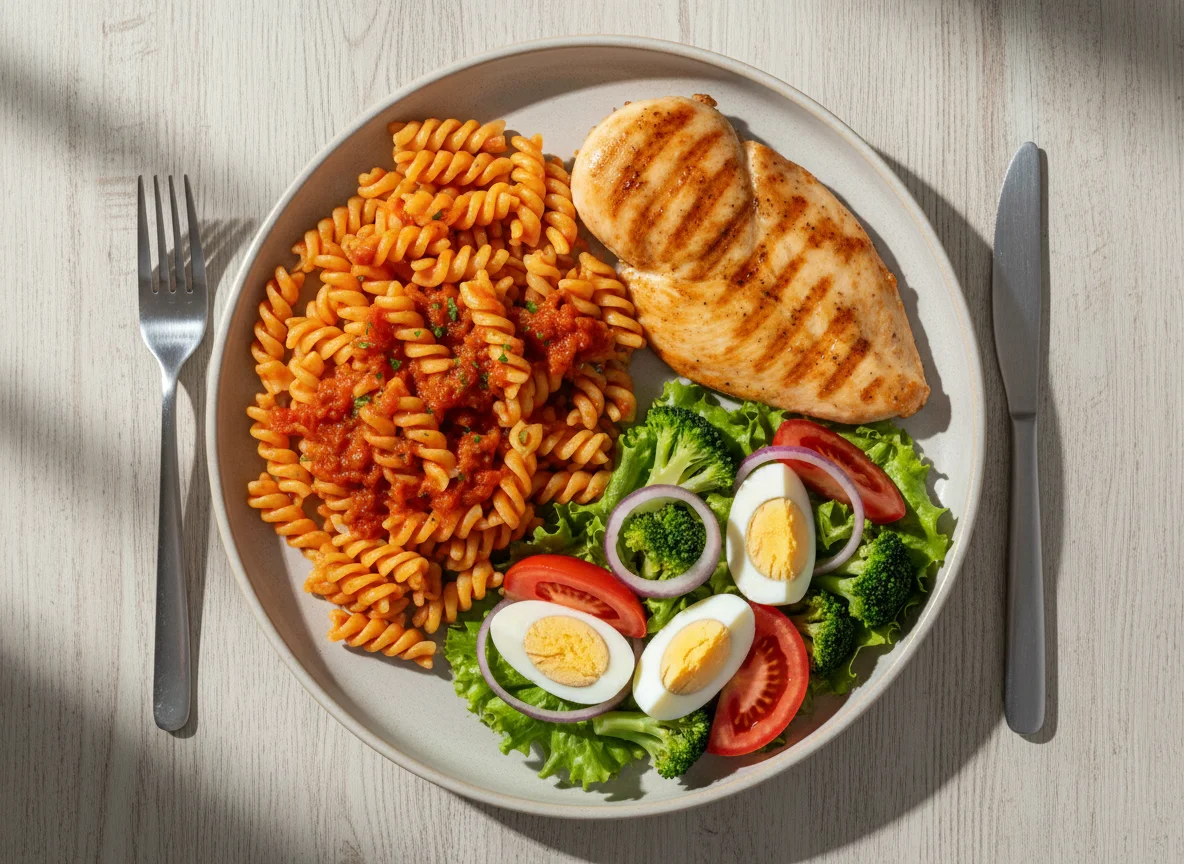 Prato completo com frango grelhado, massa e salada photo