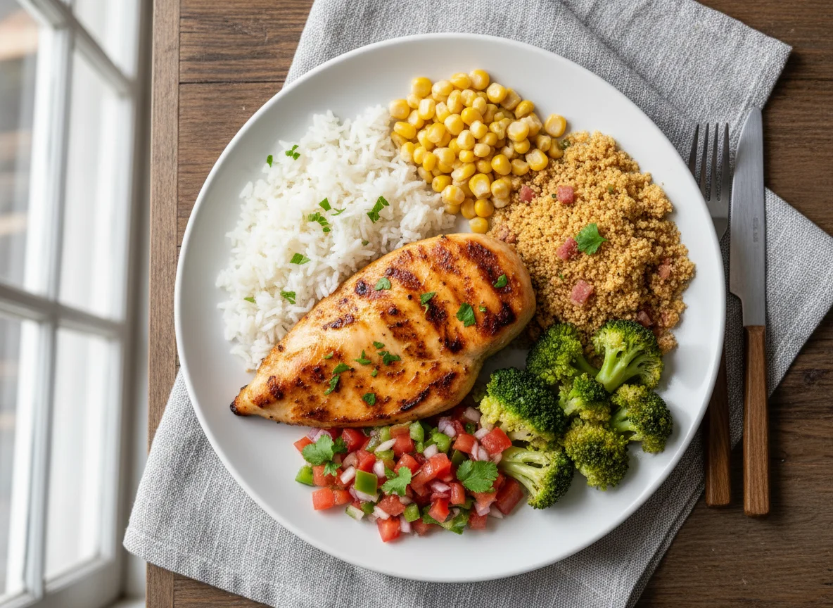 Prato completo com frango grelhado photo