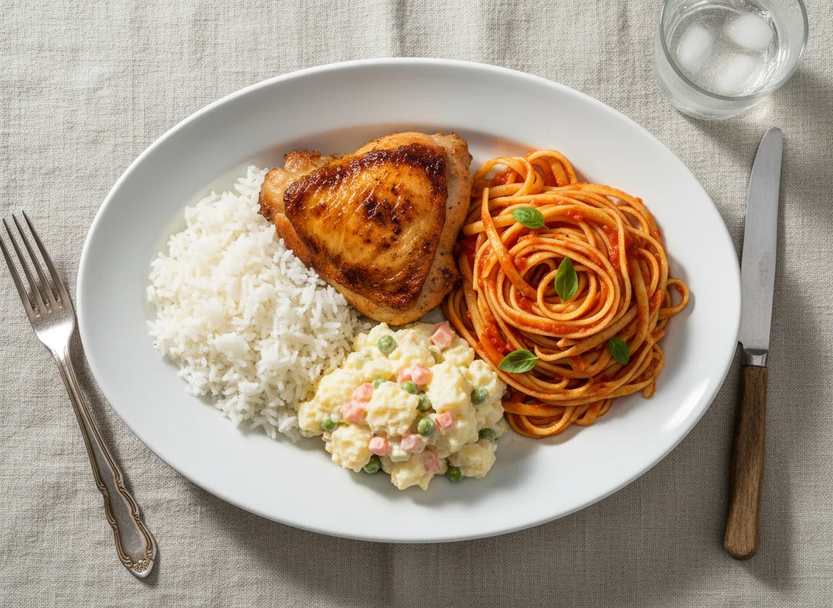 Prato completo com frango, massa, arroz e salada de maionese photo