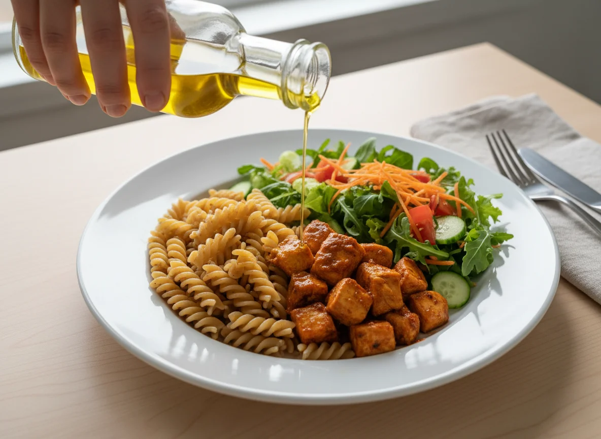 Prato completo com frango, massa e salada photo