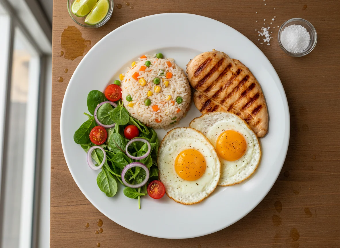 Prato completo com frango, ovos, arroz e salada photo
