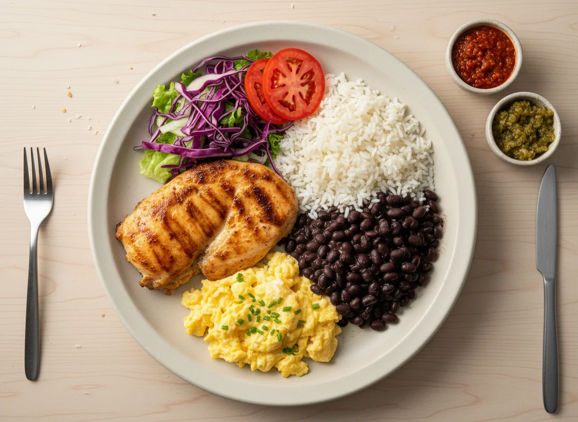 Prato completo com frango, ovos e acompanhamentos photo