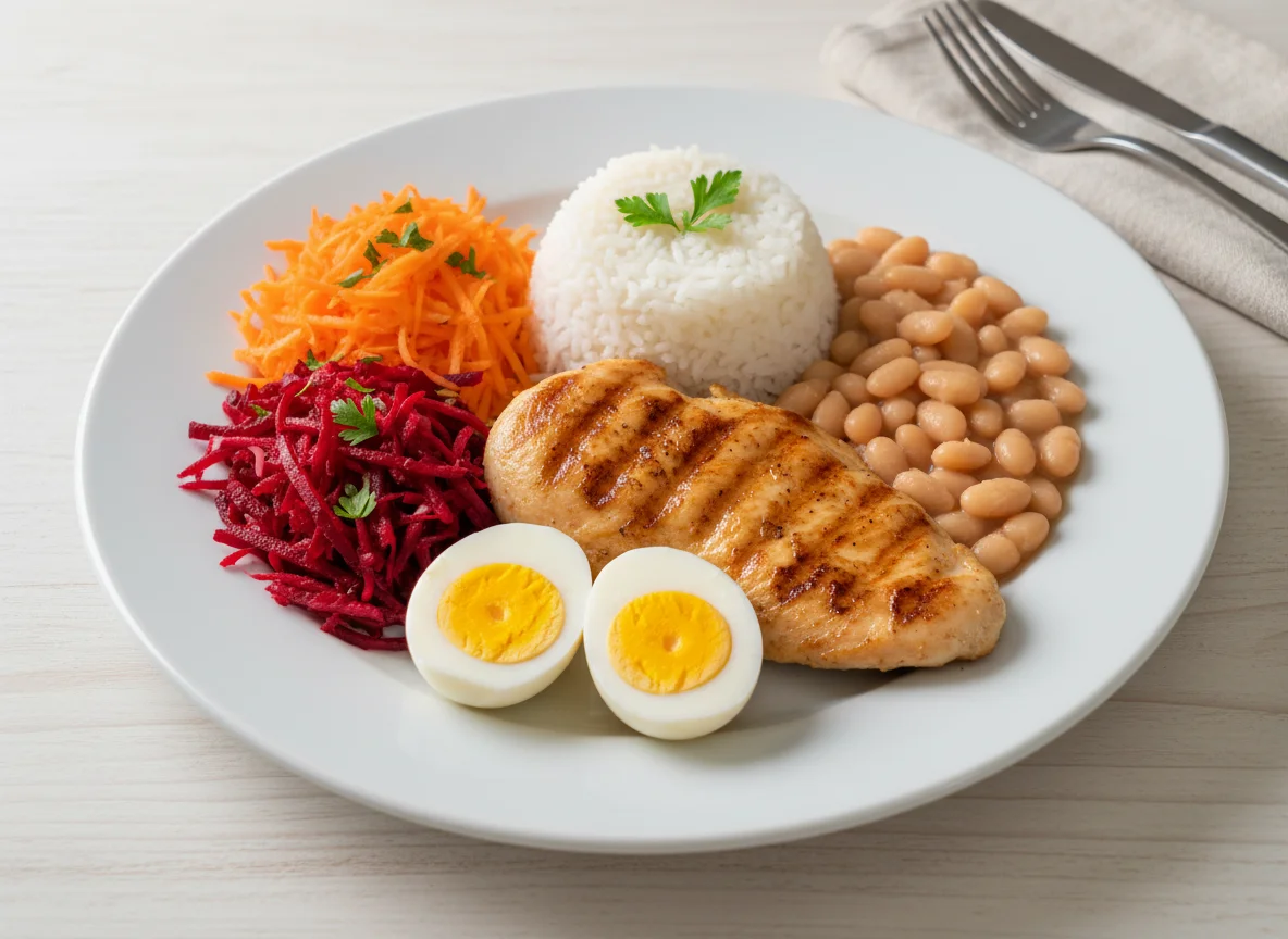 Prato completo com frango, ovos e salada photo