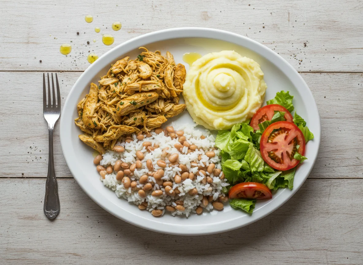Prato completo com frango, purê, arroz e salada photo