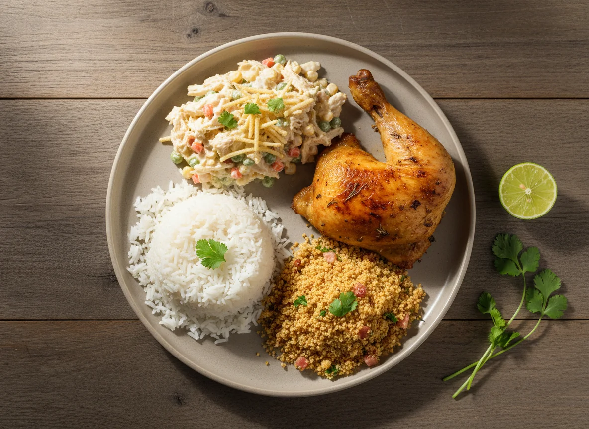 Prato completo com frango, salpicão, arroz e farofa photo