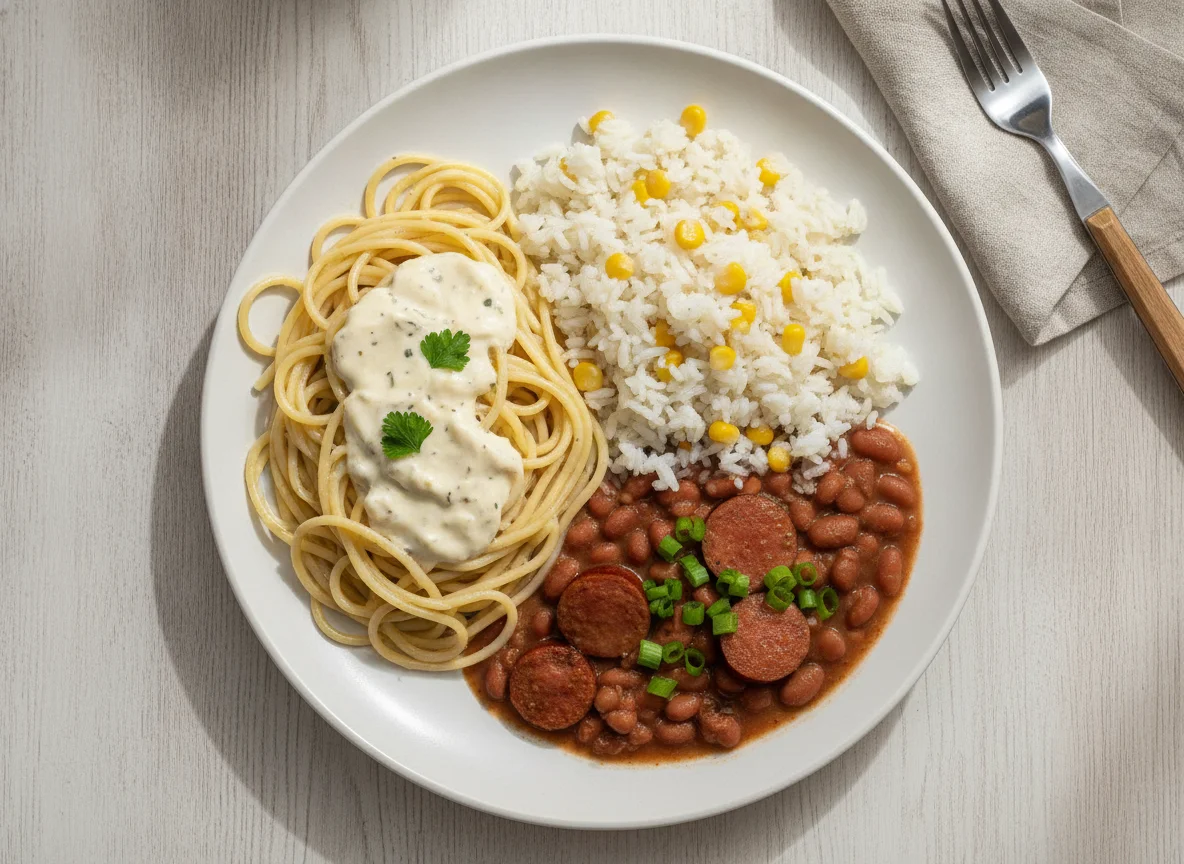 Prato completo com macarrão, feijão e arroz photo