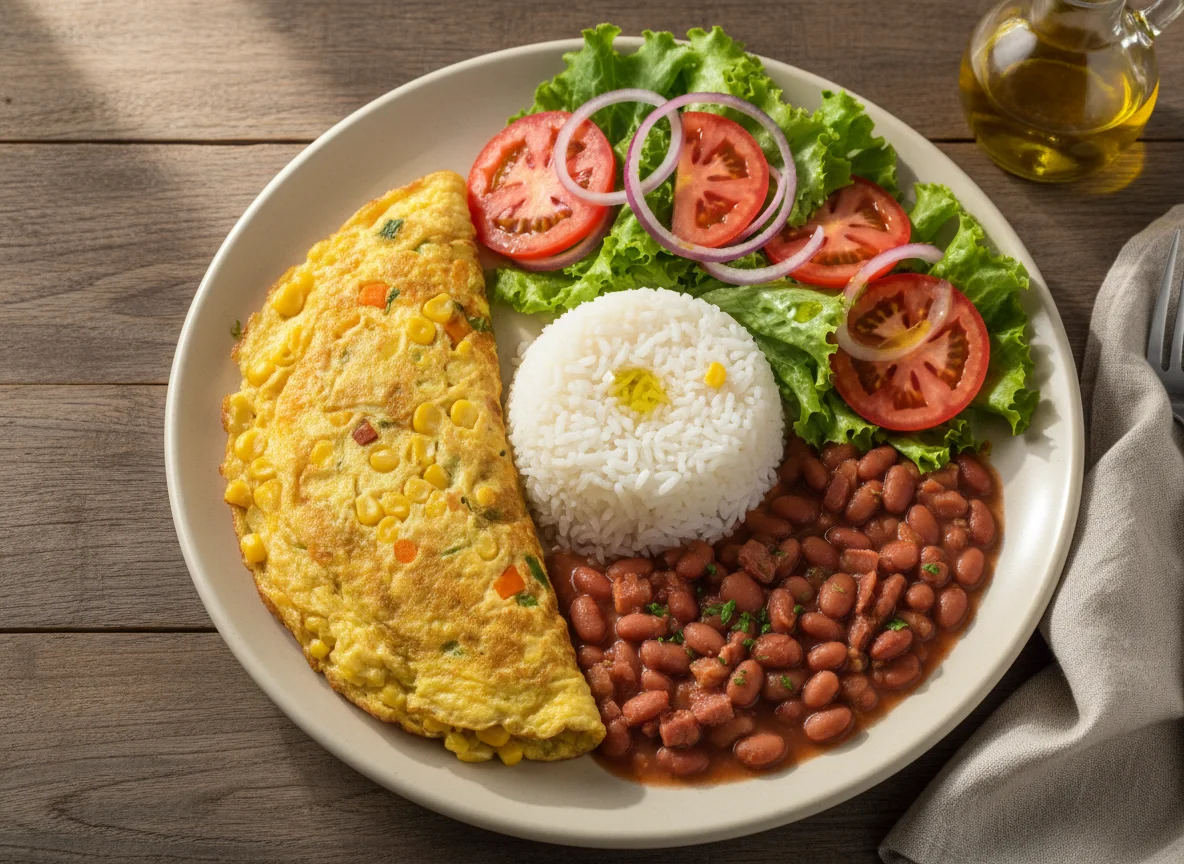Prato completo com omelete, arroz, feijão e salada photo