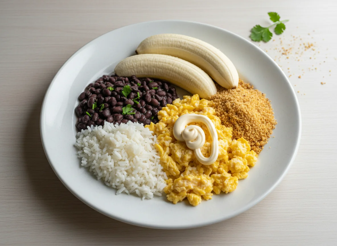 Prato completo com ovos mexidos, arroz, feijão, farofa e banana photo