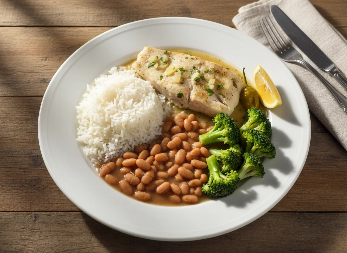 Prato completo com peixe, arroz, feijão e brócolis photo