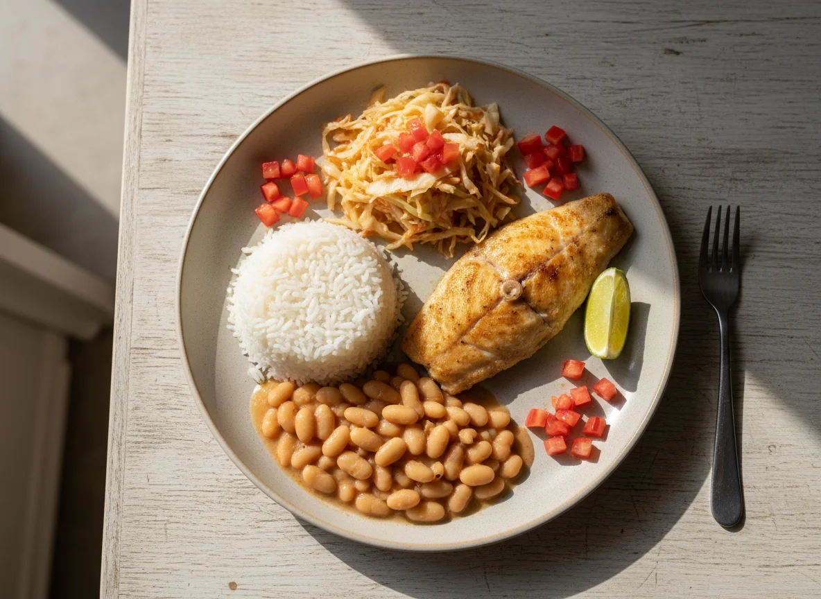 Prato completo com peixe grelhado, arroz, feijão e salada photo