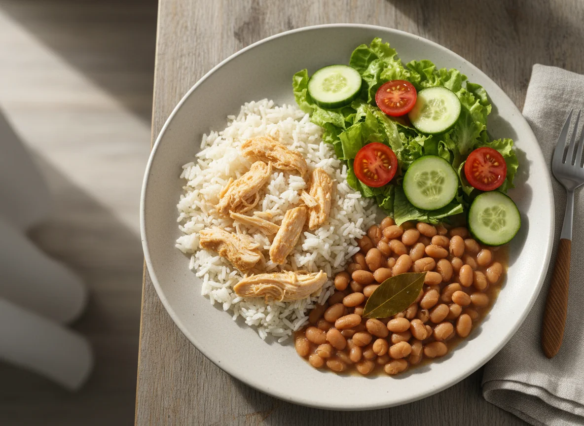 Prato completo com salada, arroz, feijão e frango desfiado photo