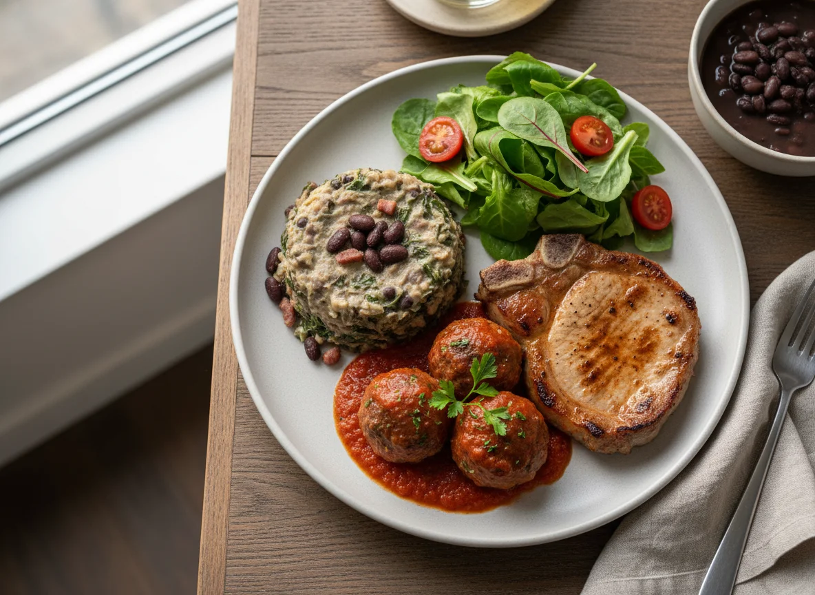 Prato completo com tutu de feijão e carne de porco photo