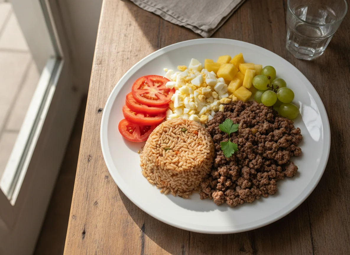 Prato de Almoço com Arroz, Carne Moída, Ovo e Frutas photo