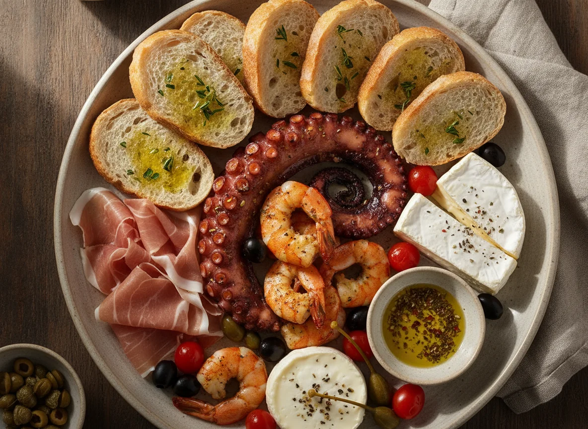 Prato de Antepastos com Polvo, Camarão e Pão photo