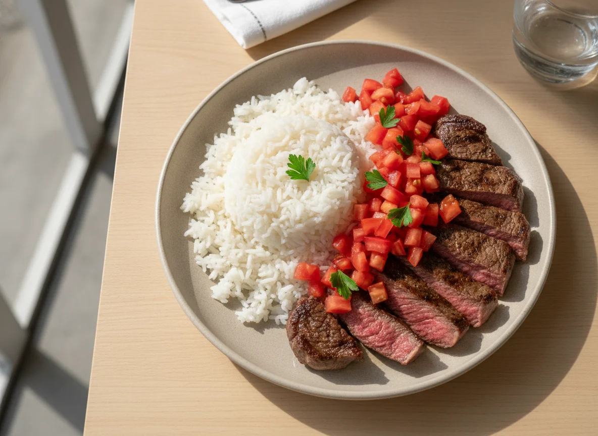 Prato de arroz, bife e tomate photo