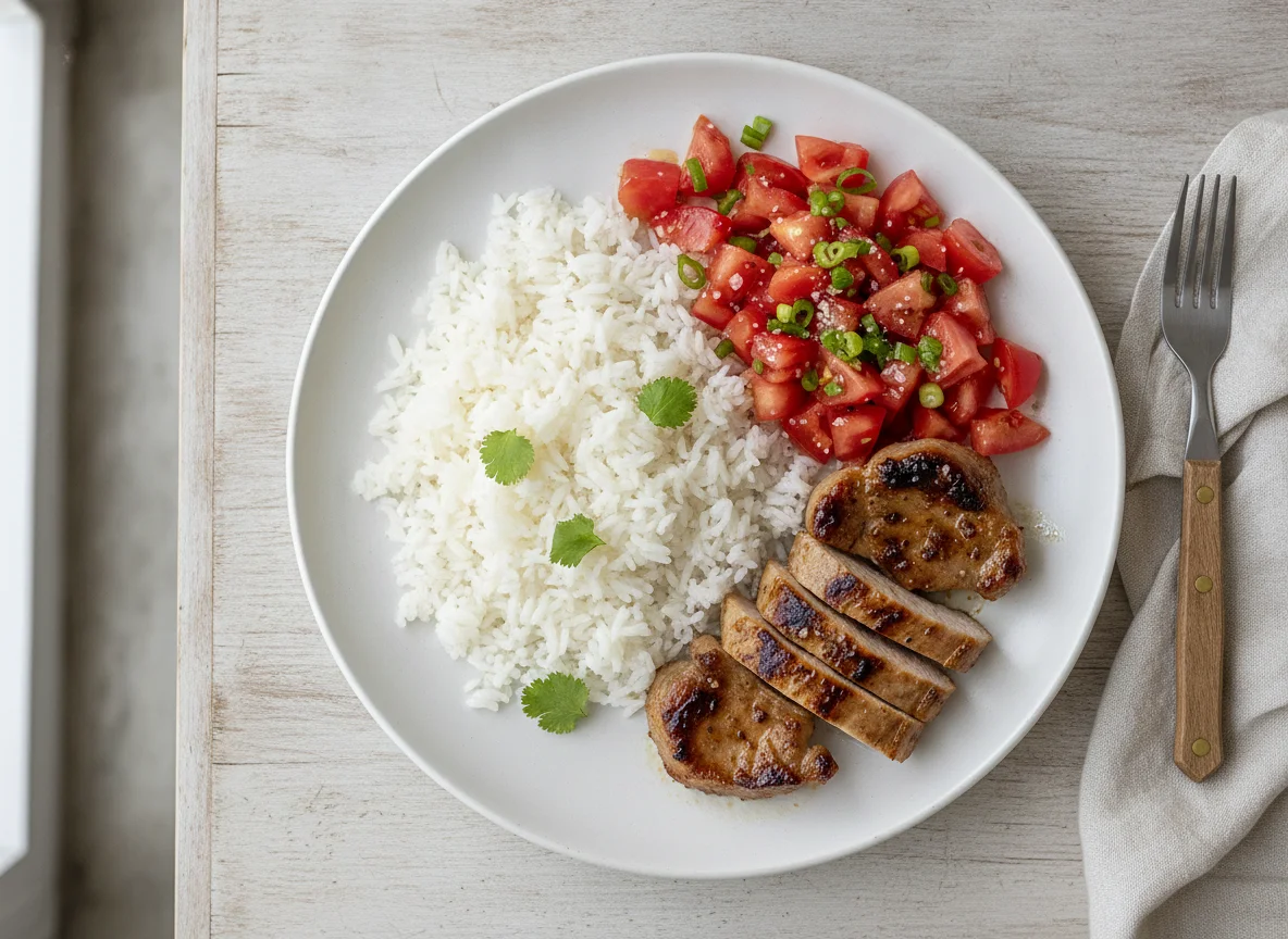 Prato de Arroz, Carne de Porco e Salada de Tomate photo