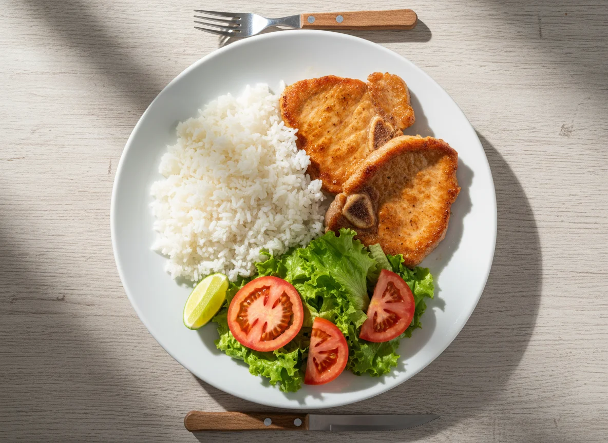 Prato de arroz, carne e salada photo