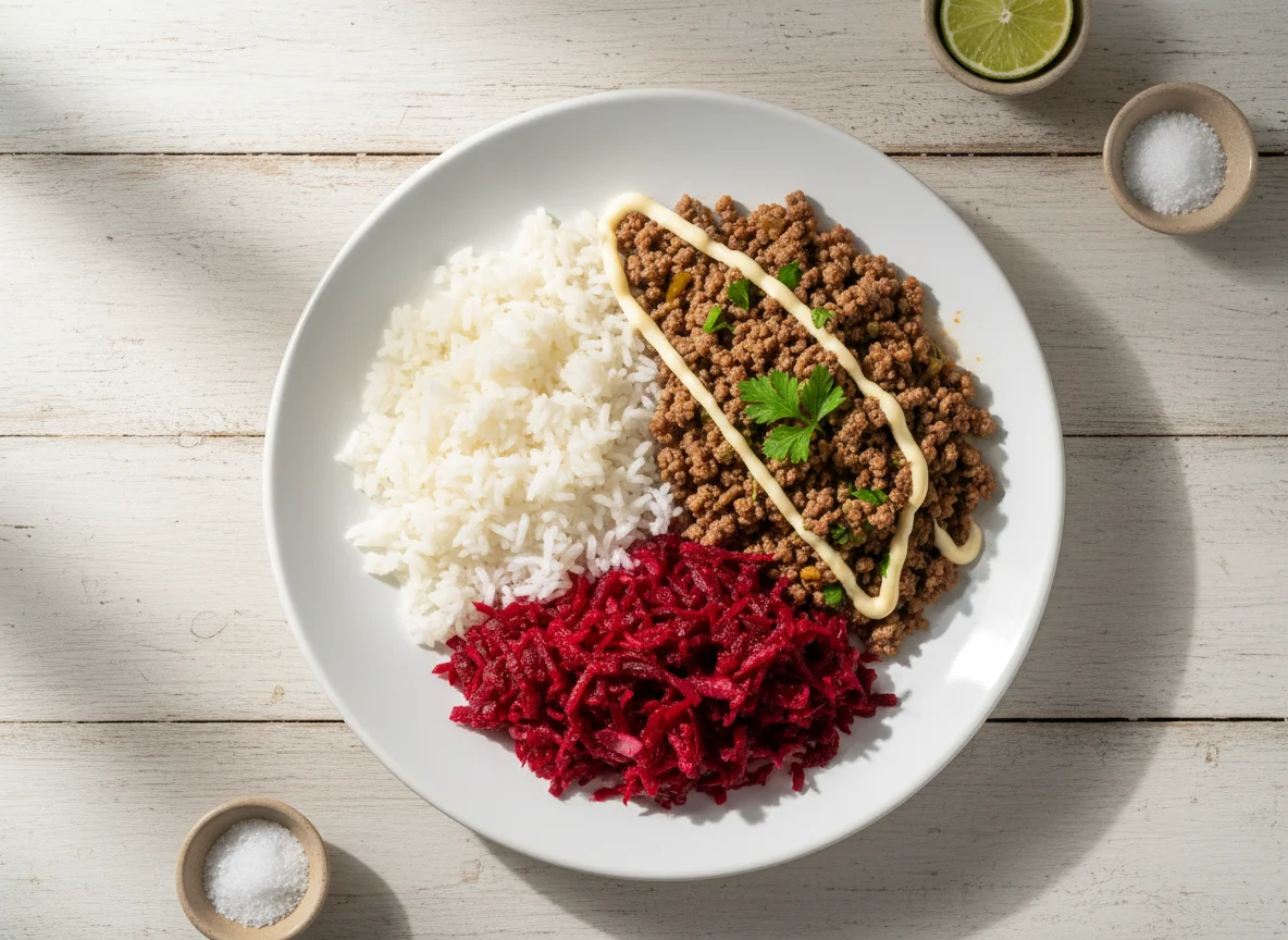 Prato de arroz, carne moída e beterraba photo