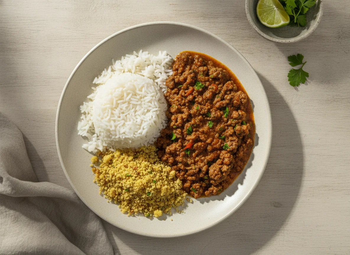 Prato de arroz, carne moída e farofa photo