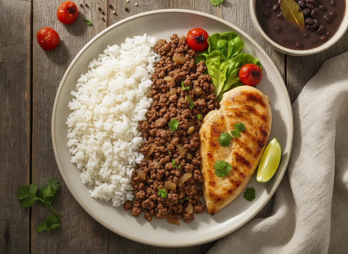 Prato de arroz, carne moída e frango grelhado photo