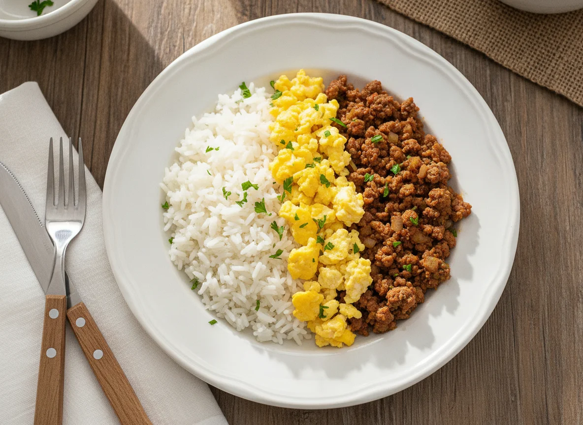Prato de arroz, carne moída e ovo mexido photo