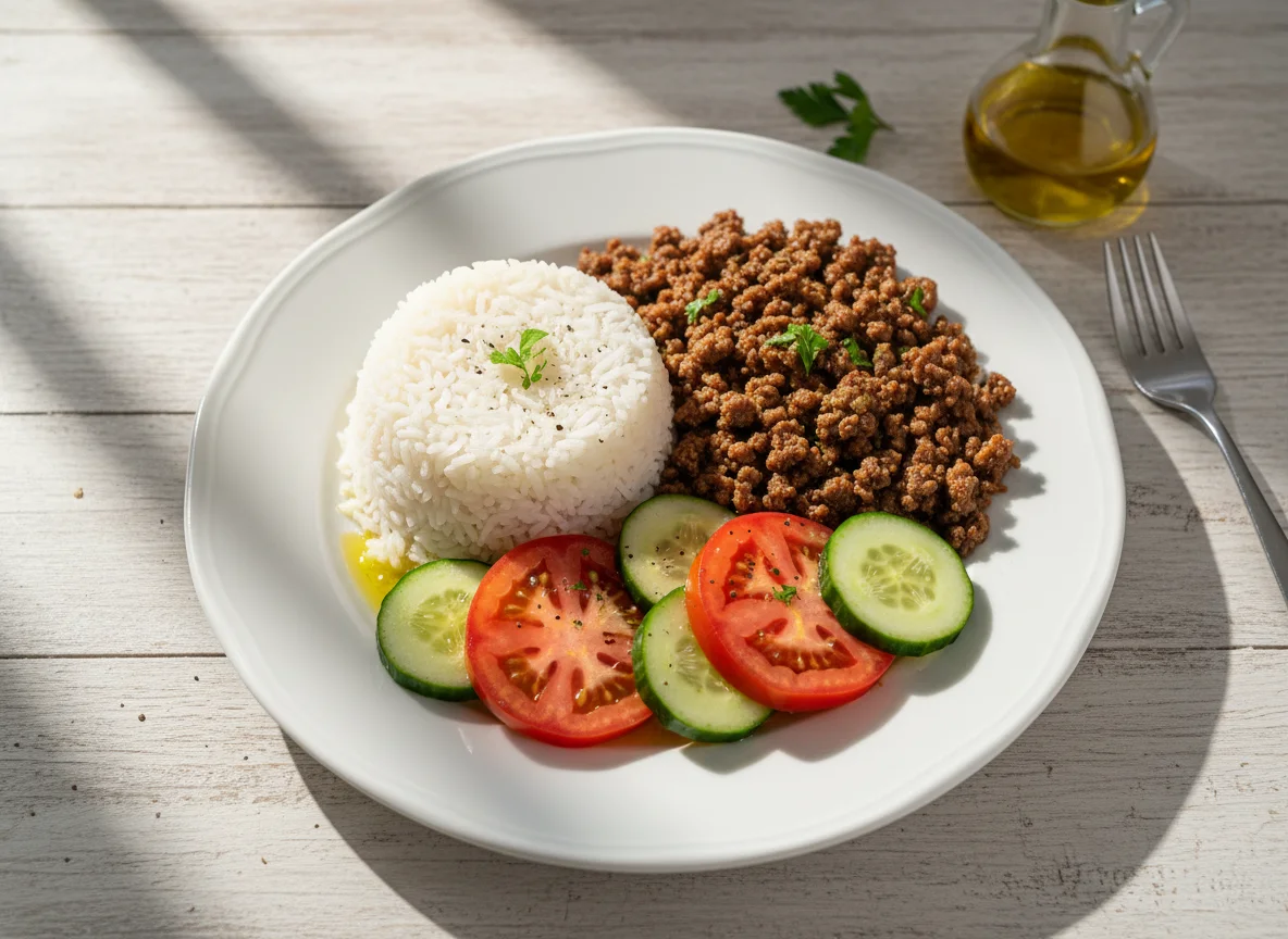 Prato de arroz, carne moída e salada photo