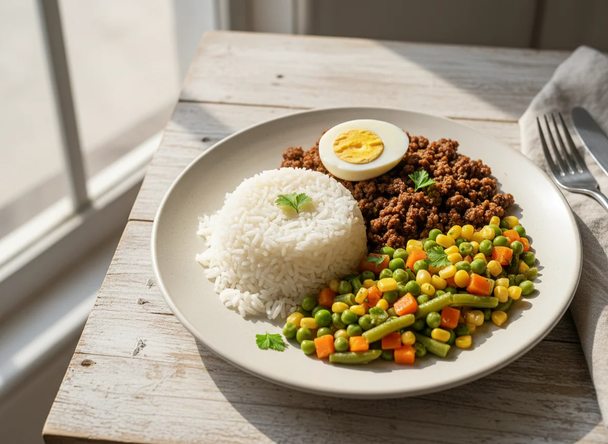 Prato de arroz, carne moída, legumes e ovo cozido photo