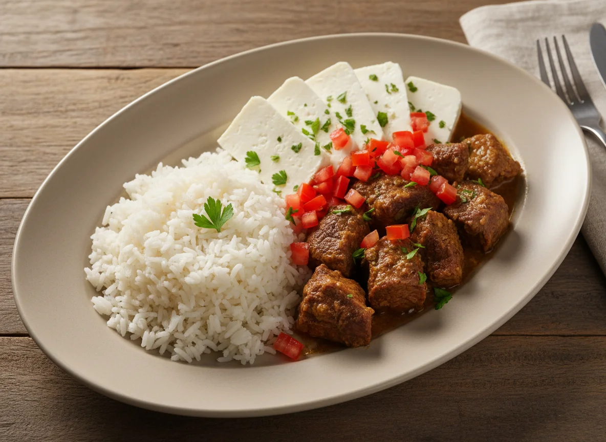 Prato de arroz, carne, queijo e tomate photo