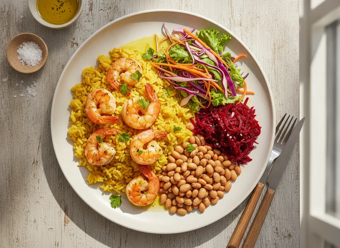 Prato de Arroz com Camarão, Feijão Fradinho e Beterraba photo
