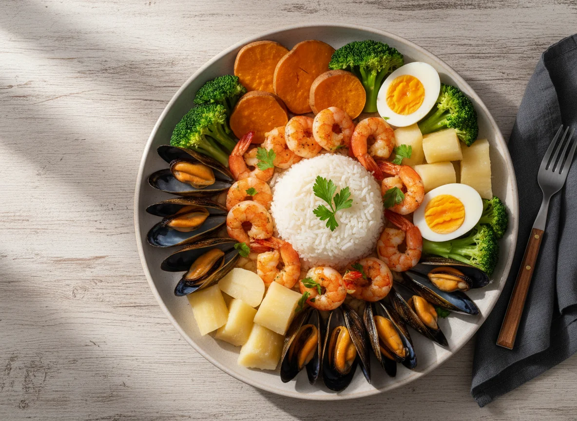 Prato de arroz com camarão, mexilhões e vegetais photo