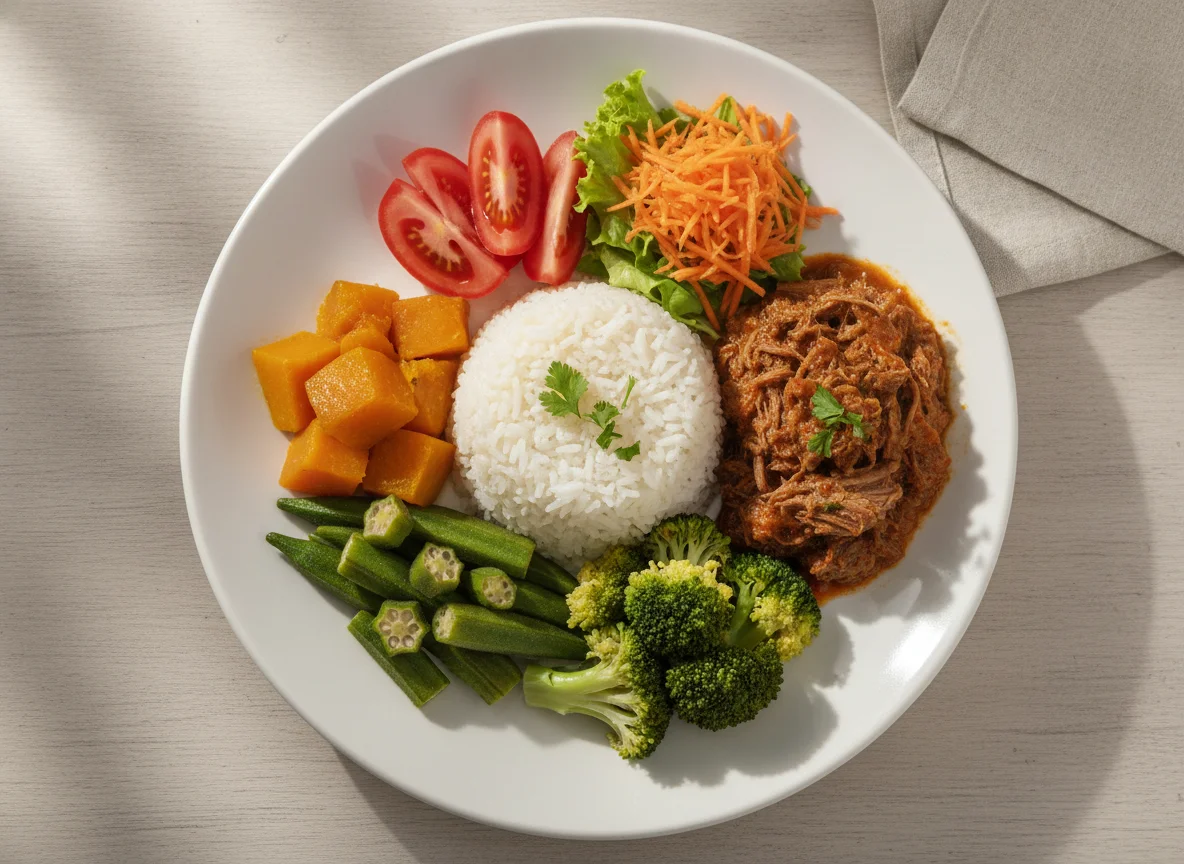 Prato de arroz com carne cozida e vegetais photo