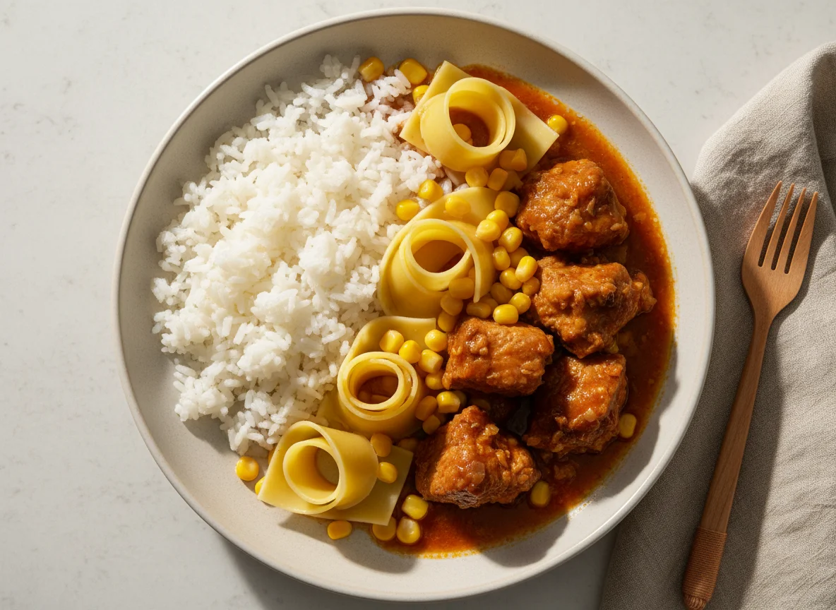 Prato de arroz com carne de porco e massa photo