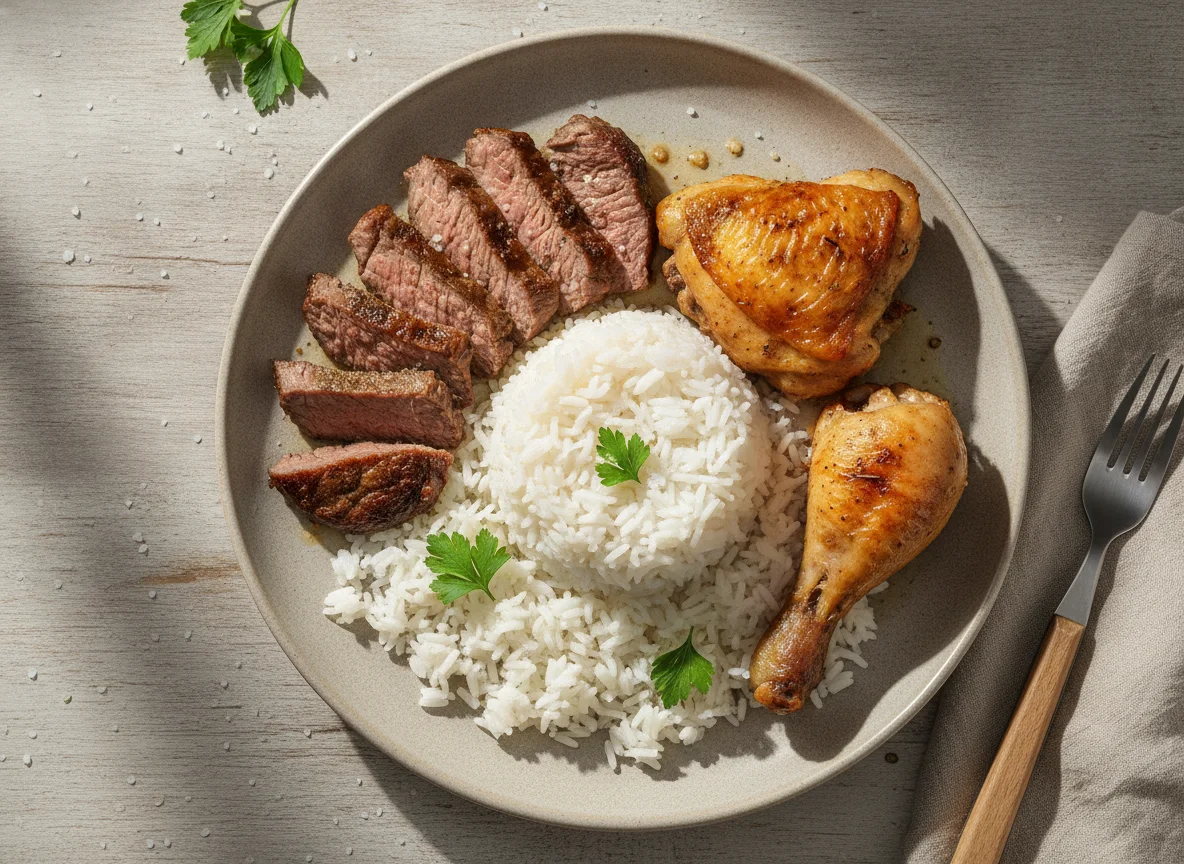 Prato de arroz com carne e frango photo